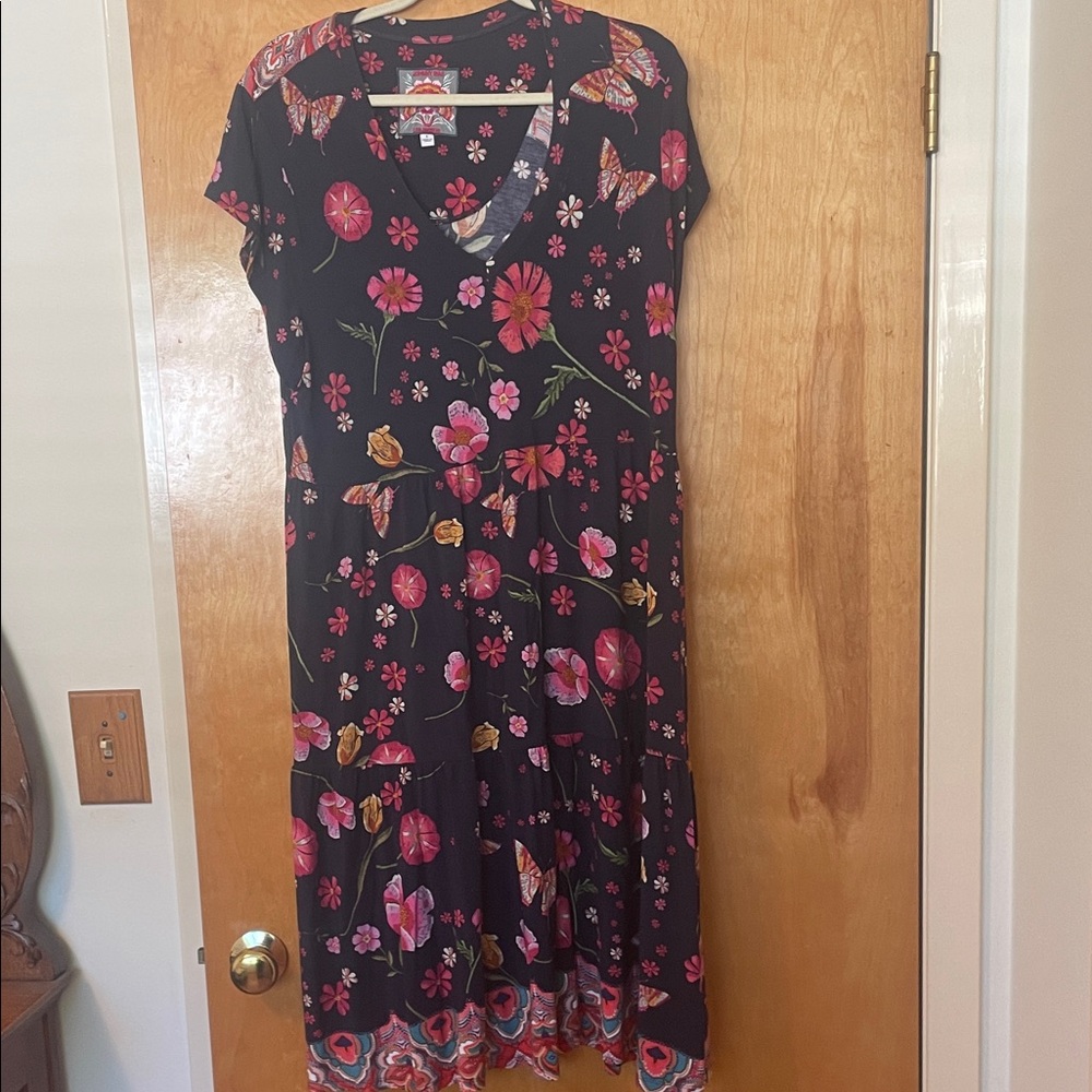 Johnny Was Navy Floral Soft Tiered V neck Midi Dress Size Large - Picture 2 of 10